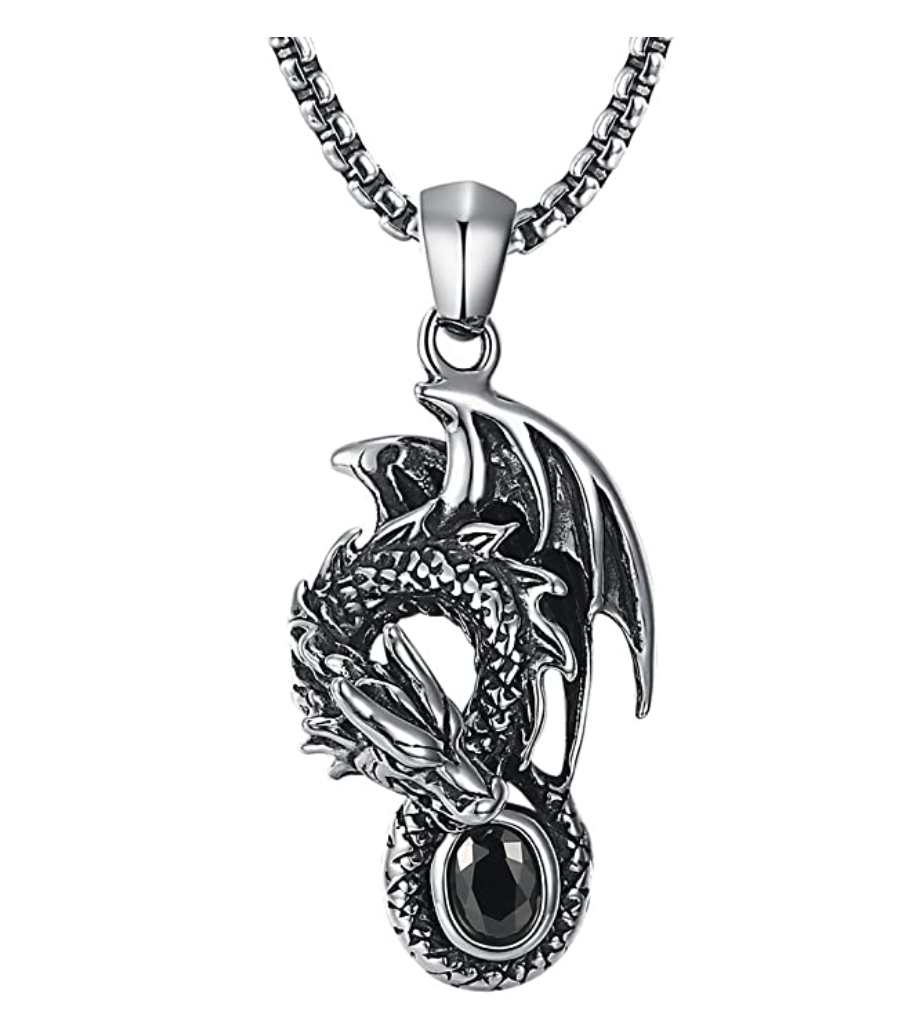 Black Gemstone Dragon Pendant Dragon Wing Chain Asian Chinese Japanese Necklace Dragon Jewelry Birthday Gift Silver Black Stainless Steel 24in.