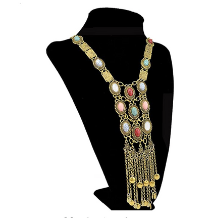 Ethnic Tribal Long Beaded Jewelry Boho Statement Chain Chest Beach Bikini Waist Belly Body Necklace Native Indian Festival Hindu African Jewelry Silver & Gold
