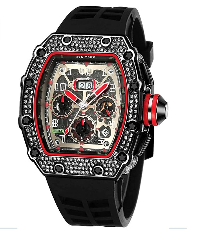 Black Red Silicone Band Watch Silver Gold Diamond Watch Hip Hop Rubber Band Bust Down Bling Iced Out Chronograph