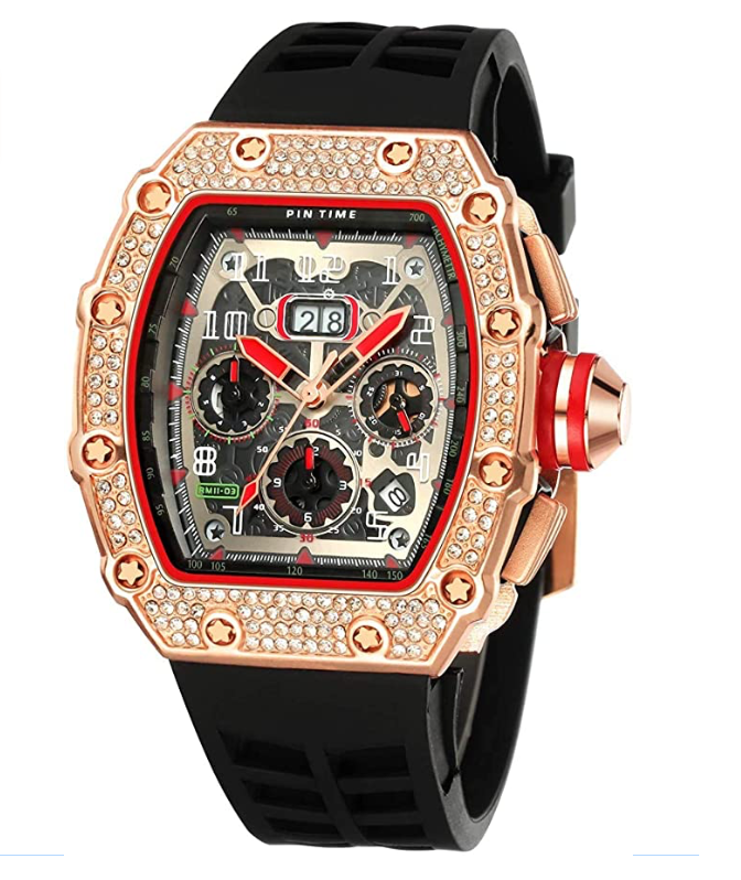 Red Black Silicone Band Watch Silver Gold Diamond Watch Hip Hop Rubber Band Bust Down Bling Iced Out Chronograph