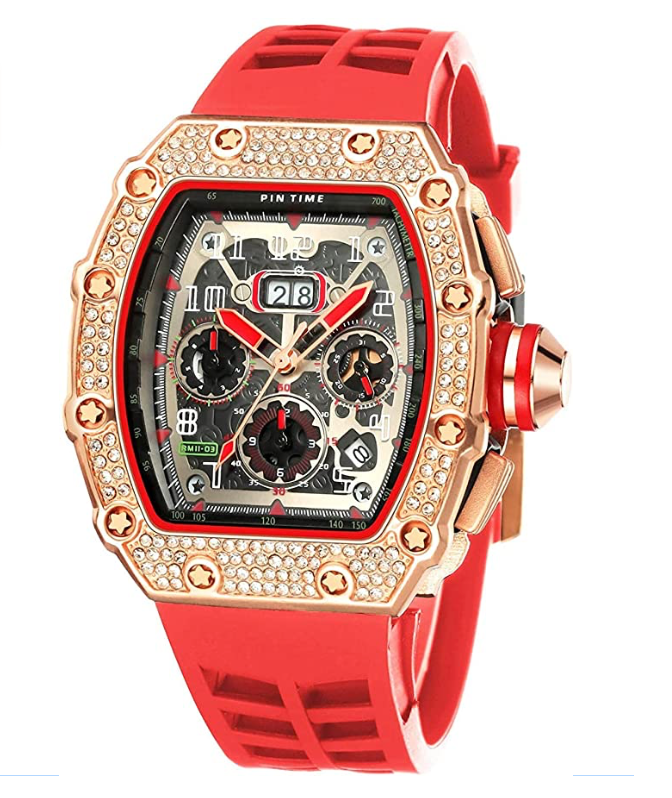 Black Red Silicone Band Watch Silver Gold Diamond Watch Hip Hop Rubber Band Bust Down Bling Iced Out Chronograph