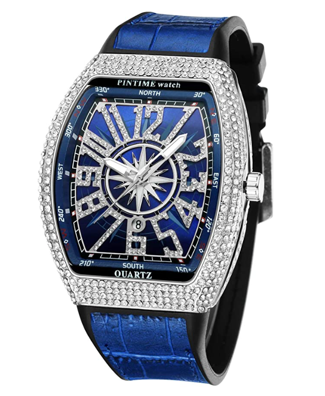 Red Black Blue Band Watch Silver Gold Diamond Watch Hip Hop Bust Down Bling Iced Out