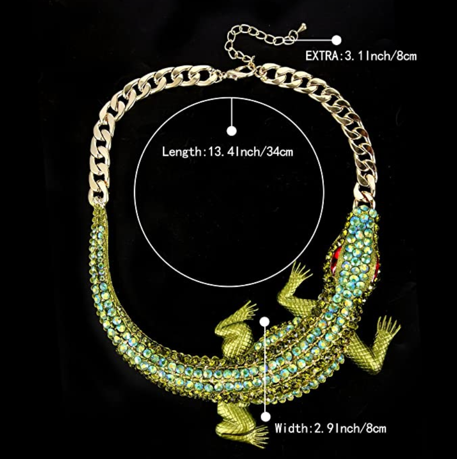 Large Green Alligator Collar Necklace Crocodile Statement Charm Diamond Chain Choker Gator Jewelry Birthday Gift 18in.