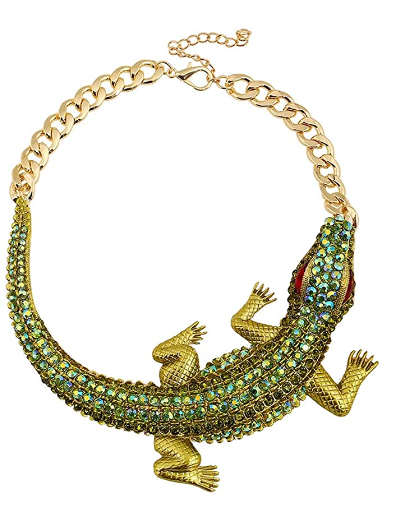 Big Green Alligator Collar Necklace Crocodile Statement Charm Diamond Chain Choker Gator Jewelry Birthday Gift 18in.