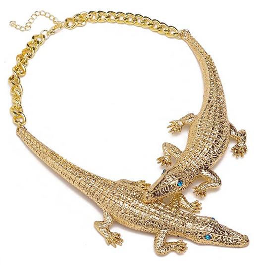 Blue Eyes Gold Crocodile Collar Lizard Necklace Pendant Statement Charm Chain Choker Gator Jewelry Birthday Gift 20in.