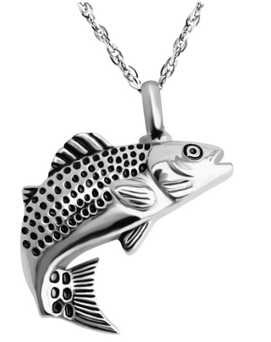 Silver Sea Bass Necklace Sea Bass Pendant Fish Urn Cremation Jewelry Memorial Ashes Keepsake Fisherman Birthday Gift Chain Stainless Steel 24in.