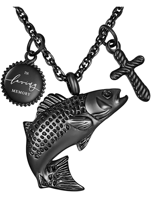 Sea Bass Necklace Sea Bass Pendant Fish Holy Cross Jesus Urn Cremation Jewelry Memorial Ashes Keepsake Fisherman Birthday Gift Chain Stainless Steel 24in.