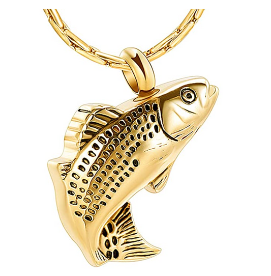 Gold Sea Bass Necklace Sea Bass Pendant Fish Holy Cross Jesus Urn Cremation Jewelry Memorial Ashes Keepsake Fisherman Birthday Gift Chain Stainless Steel 24in.