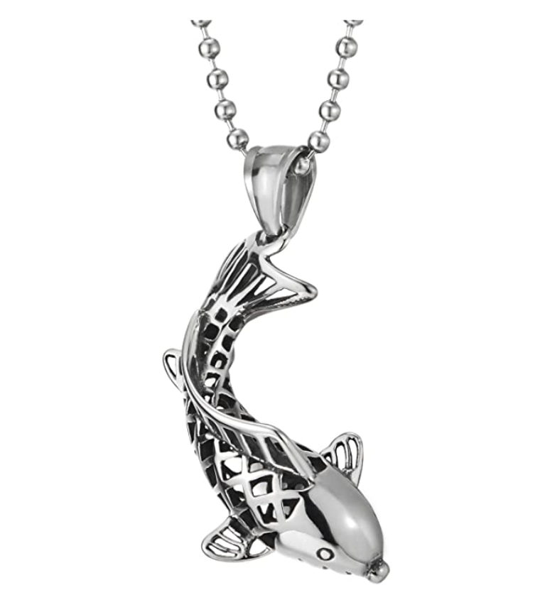 Mens Koi Fish Necklace Lucky Celtic Koifish Pendant Silver Asian Chinese Japanese Jewelry Fisherman Birthday Gift Stainless Steel Chain 24in.