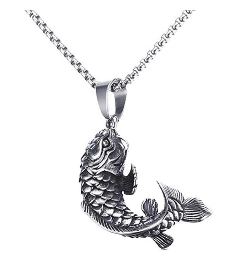 Mens Koi Fish Necklace Lucky Koifish Pendant Silver Asian Chinese Japanese Jewelry Fisherman Birthday Gift Stainless Steel Chain 24in.
