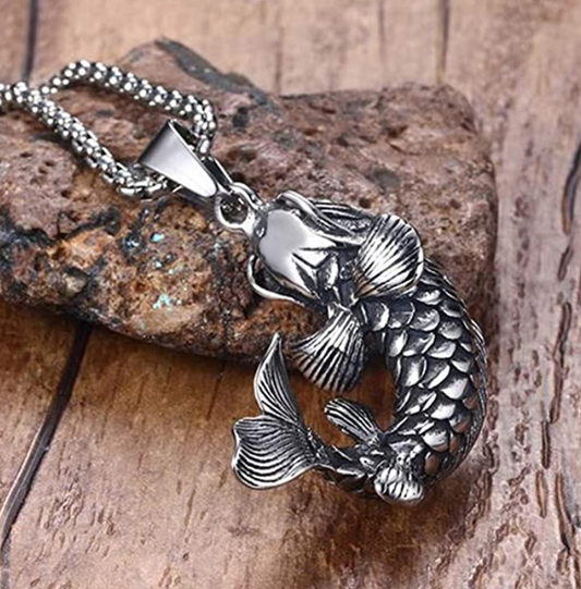 Mens Koi Fish Necklace Lucky Koifish Pendant Silver Asian Chinese Japanese Jewelry Fisherman Birthday Gift Stainless Steel Chain 24in.
