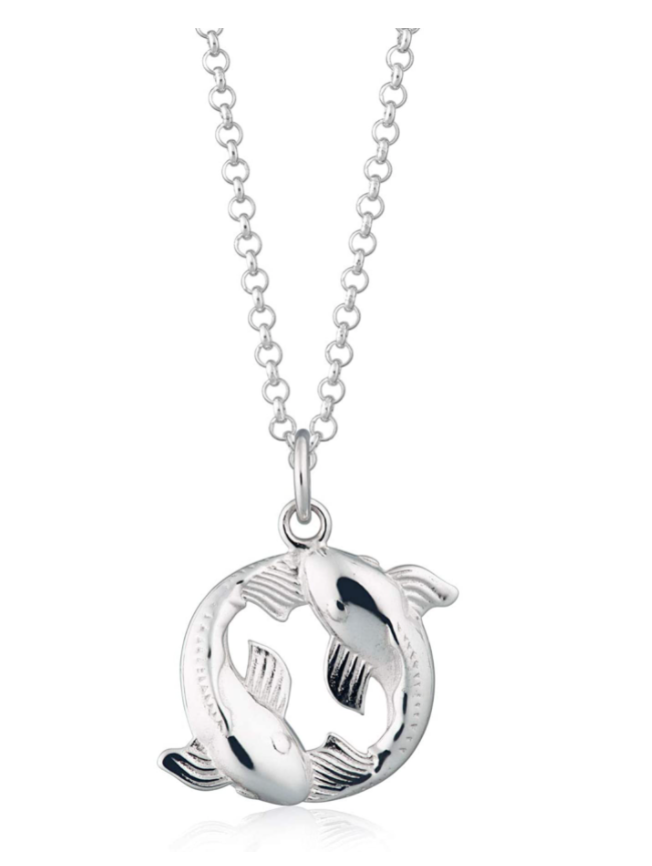 Pisces Zodiac Koi Fish Necklace Lucky Koifish Pendant Horoscope Silver Asian Chinese Japanese Jewelry Fisherman Birthday Gift 925 Sterling Silver Chain 18in.