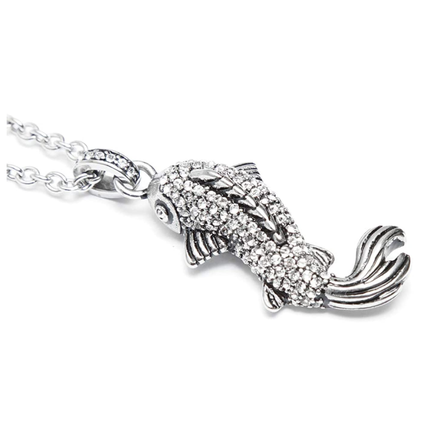 Diamond Koi Fish Necklace Lucky Koifish Pendant Silver Asian Chinese Japanese Jewelry Fisherman Birthday Gift Stainless Steel Chain 20in.