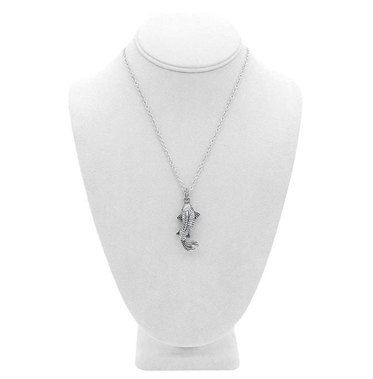 Diamond Koi Fish Necklace Lucky Koifish Pendant Silver Asian Chinese Japanese Jewelry Fisherman Birthday Gift Stainless Steel Chain 20in.