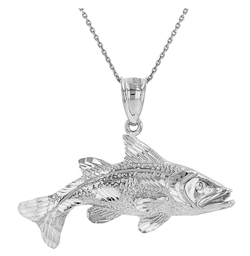 925 Sterling Silver Sea Bass Fish Necklace Sea Bass Pendant Jewelry Fisherman Birthday Gift Chain 22in.