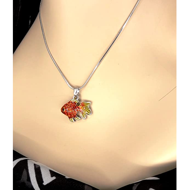Crystal Diamond Gold Fish  Pendant Goldfish Necklace Gold Fish Jewelry Birthday Gift Silver Chain 18in.