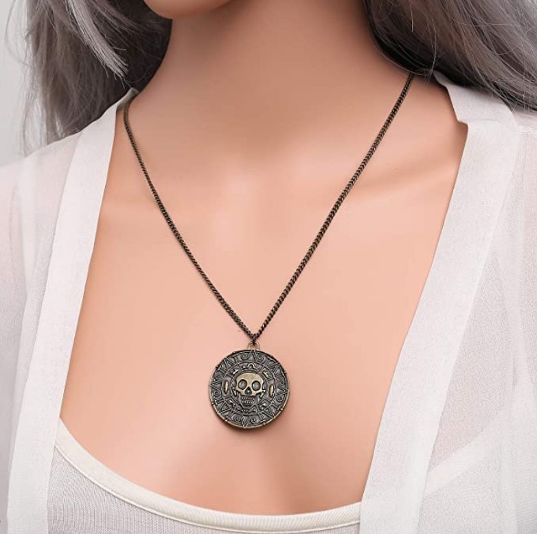 Aztec Coin Medallion VooDoo Skull Head Necklace Viking Norse Nordic Rune Pendant Amulet Chain 24in.