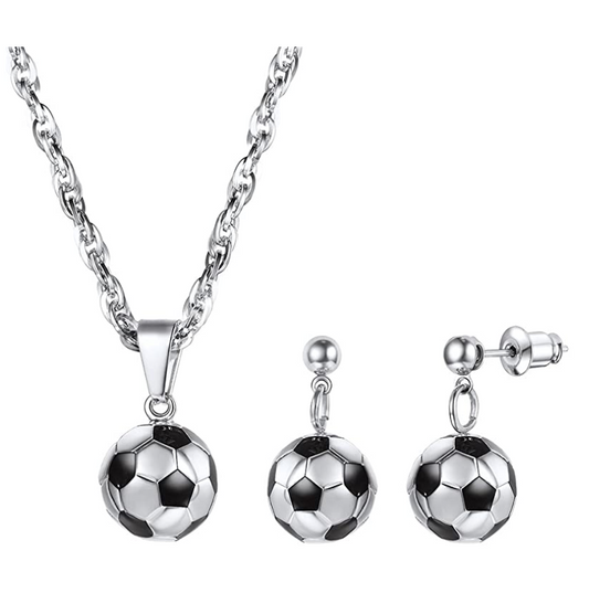 Soccer Ball Earrings Necklace Pendant Set Soccer Ball Gold Silver Stainless Steel Chain Birthday Gift 24in.