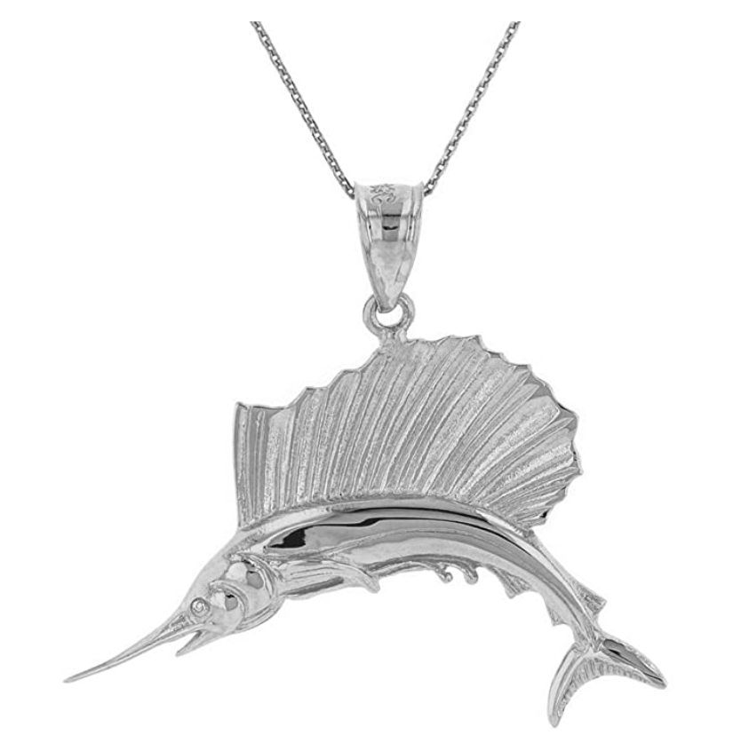 925 Sterling Silver Marlin Swordfish Sailfish Pendant Sail Fish Necklace Sword Fish Jewelry Fisherman Birthday Gift 10K Gold Chain 22in.