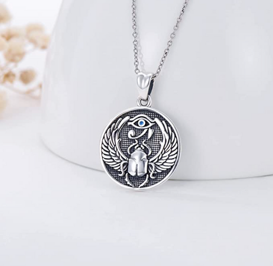 Horus Eye of Ra Scarab Beetle Necklace Beatle Pendant Medallion Winged Beetle Jewelry African Egyptian Birthday Gift 925 Sterling Silver Chain 20in.
