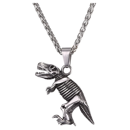 Silver Black Black Dinosaur Pendant Dino Necklace T-Rex Jewelry Dinosaur BoneS Skull Birthday Gift Stainless Steel Chain 24in.