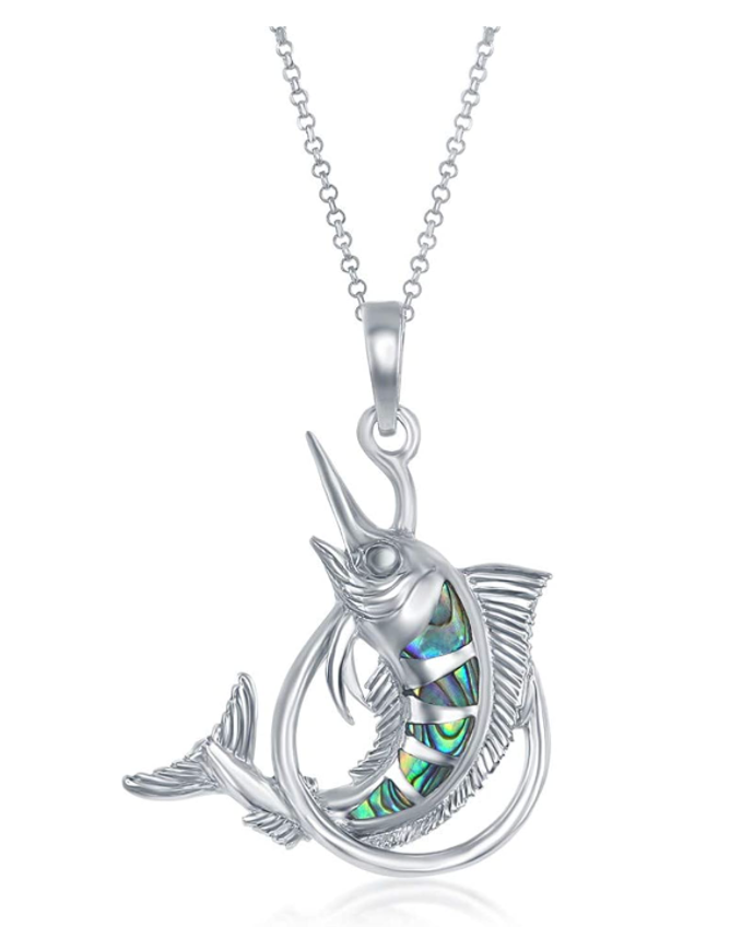 Cute Silver Opal Marlin Swordfish Sailfish Pendant Sail Fish Necklace Sword Fish Jewelry Fisherman Birthday Gift 925 Sterling Silver Chain 20in.