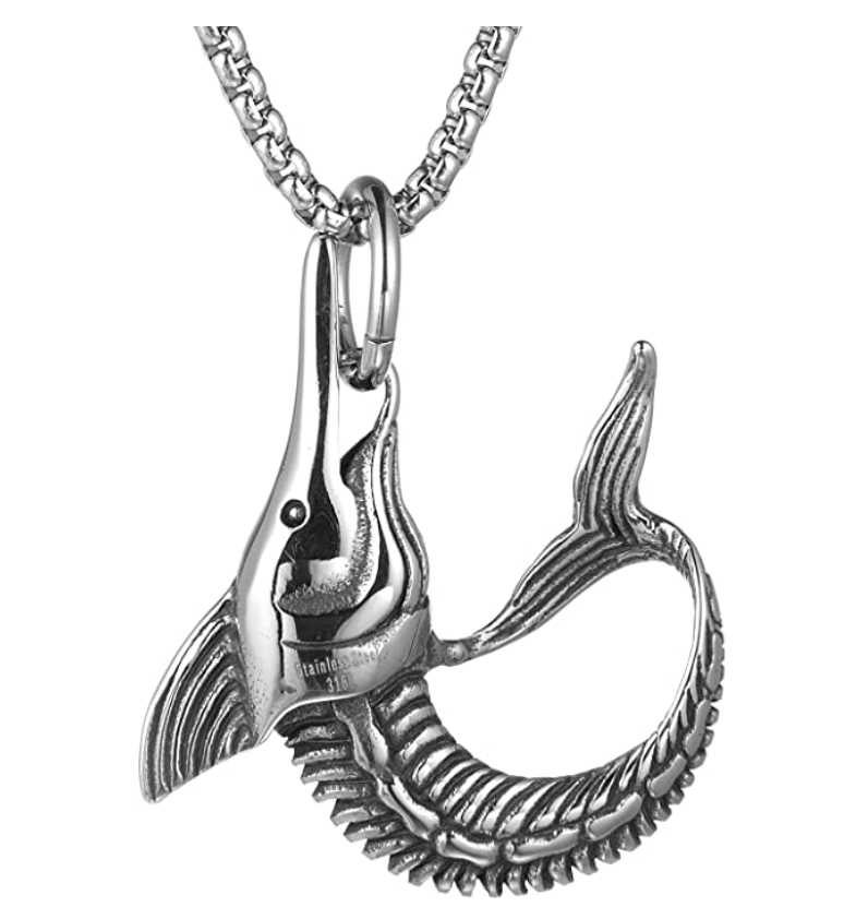 Nautical Deep Marlin Swordfish Sailfish Pendant Sail Fish Necklace Sword Fish Jewelry Fisherman Birthday Gift Stainless Steel Chain 24in.