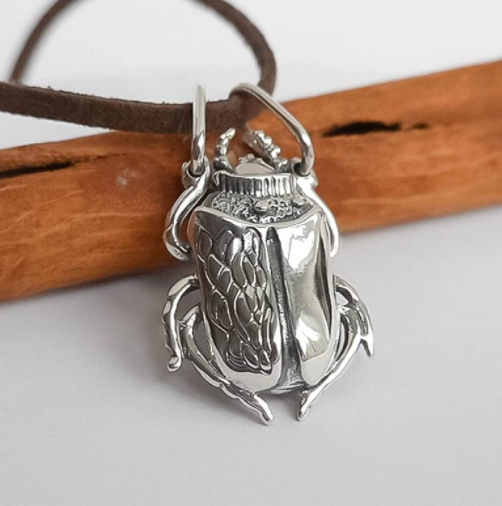Beetle Pendant Necklace Scarab Beetle Jewelry African Egyptian 925 Sterling Silver Chain Birthday Gift 20in.