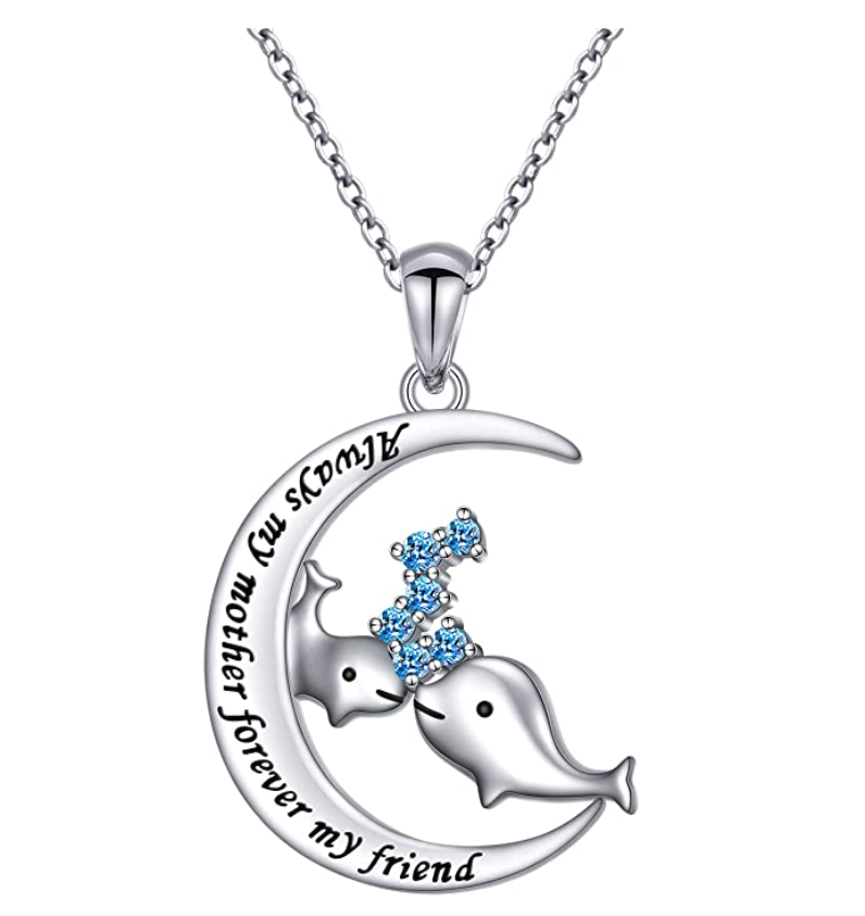 925 Sterling Silver Whale Family Pendant Whale Crescent Moon Diamond Mother Child Necklace Half Moon Whale Jewelry Beach Birthday Gift Chain 20in.