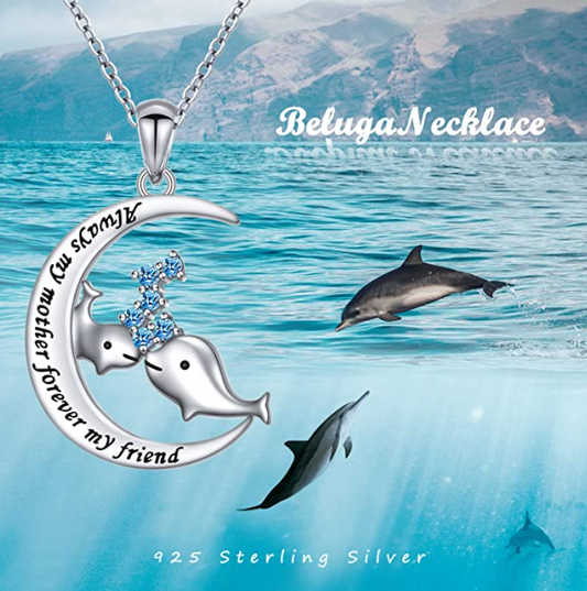 925 Sterling Silver Whale Family Pendant Whale Crescent Moon Diamond Mother Child Necklace Half Moon Whale Jewelry Beach Birthday Gift Chain 20in.