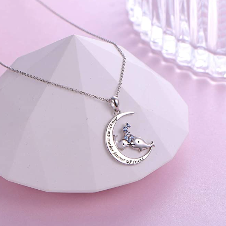 925 Sterling Silver Whale Family Pendant Whale Crescent Moon Diamond Mother Child Necklace Half Moon Whale Jewelry Beach Birthday Gift Chain 20in.
