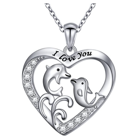 925 Sterling Silver Dolphin Heart Pendant Dolphin Love Diamond Necklace Jewelry Beach Birthday Gift Chain 20in.