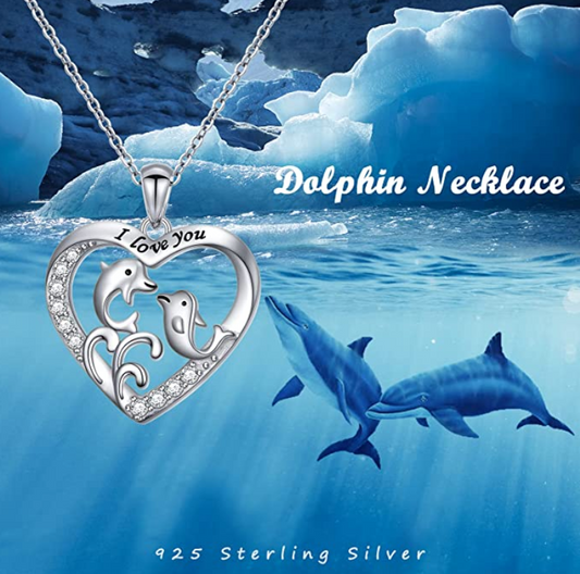 925 Sterling Silver Dolphin Heart Pendant Dolphin Love Diamond Necklace Jewelry Beach Birthday Gift Chain 20in.