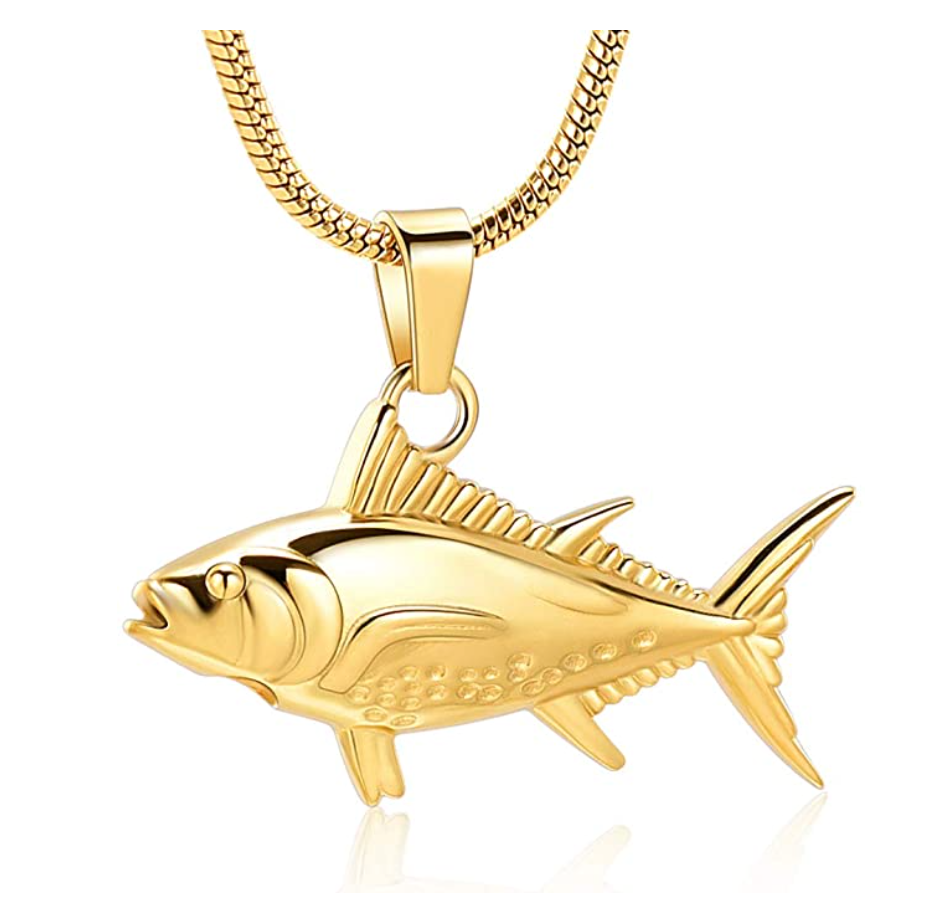 Silver Gold Tuna Fish Pendant Urn Ashes Keepsake Memorial Cremation Bass fish Necklace Trout Fish Jewelry Birthday Gift 925 Sterling Silver Chain 22in.