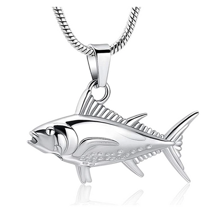 Silver Gold Tuna Fish Pendant Urn Ashes Keepsake Memorial Cremation Bass fish Necklace Trout Fish Jewelry Birthday Gift 925 Sterling Silver Chain 22in.