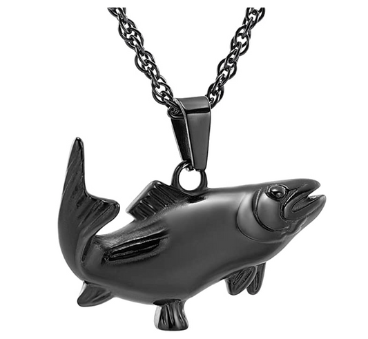 Silver Black Tuna Fish Pendant Urn Ashes Keepsake Memorial Cremation Bass fish Necklace Trout Fish Jewelry Birthday Gift 925 Sterling Silver Chain 22in.