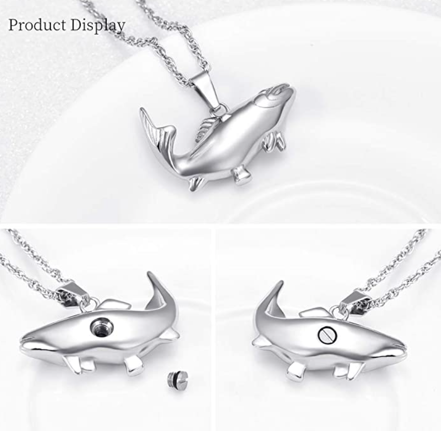 Silver Black Tuna Fish Pendant Urn Ashes Keepsake Memorial Cremation Bass fish Necklace Trout Fish Jewelry Birthday Gift 925 Sterling Silver Chain 22in.
