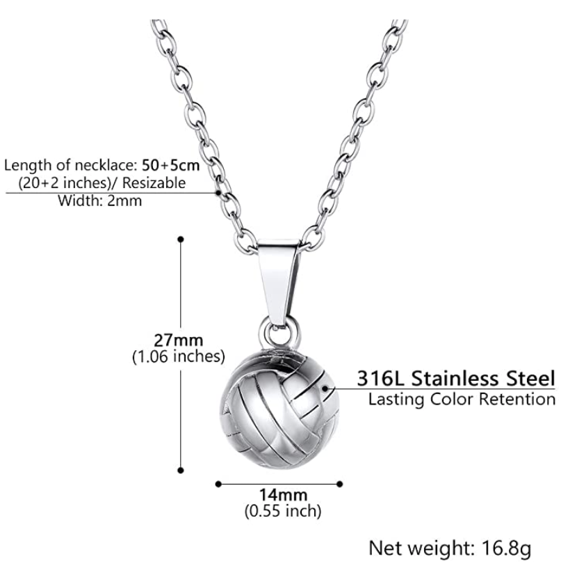 Volleyball Necklace Pendant Volly Ball Gold Silver Stainless Steel Chain Birthday Gift 24in.