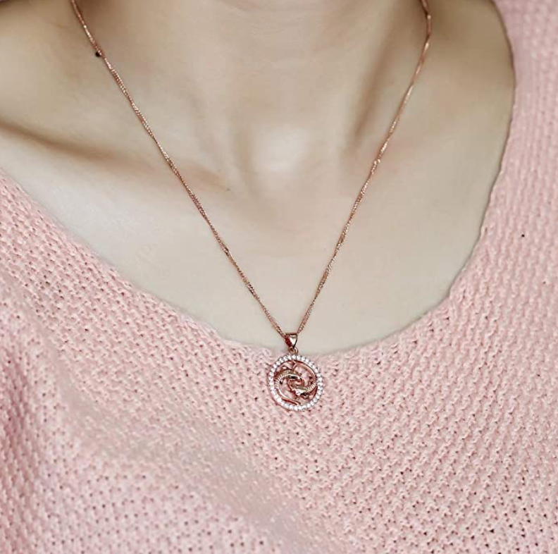 Diamond Fish Medallion Pendant Pisces Zodiac Necklace Rose Gold Fish Jewelry Horoscope Birthday Gift Silver Chain 18in.