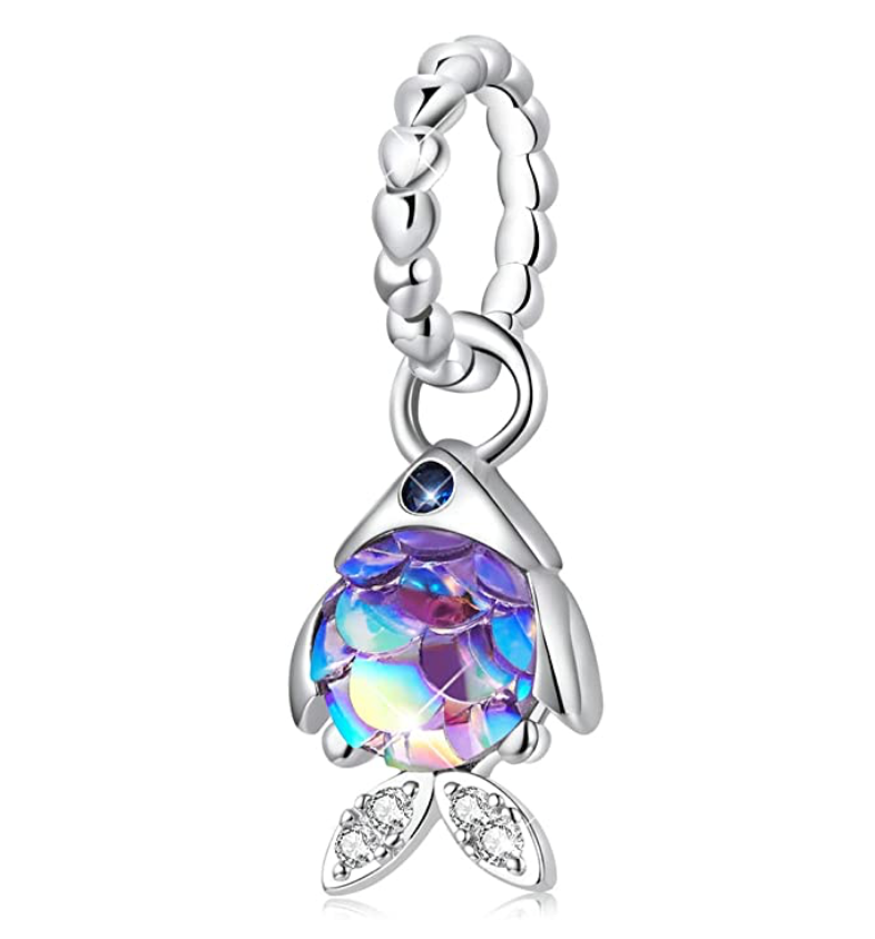 Purple Blue Diamond Fish Charm Bracelet Pendant Pisces Zodiac Fish Jewelry Horoscope Birthday Gift 925 Sterling Silver
