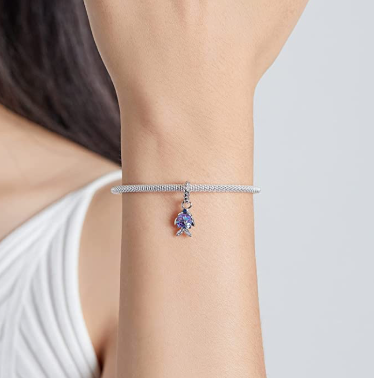Purple Blue Diamond Fish Charm Bracelet Pendant Pisces Zodiac Fish Jewelry Horoscope Birthday Gift 925 Sterling Silver