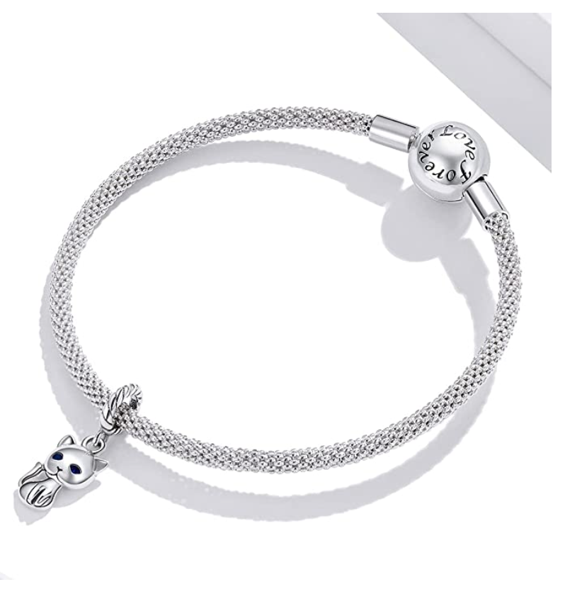 Cute Kitty Cat Charm Bracelet Pendant Cat Jewelry Blue Diamond Eye Birthday Gift 925 Sterling Silver