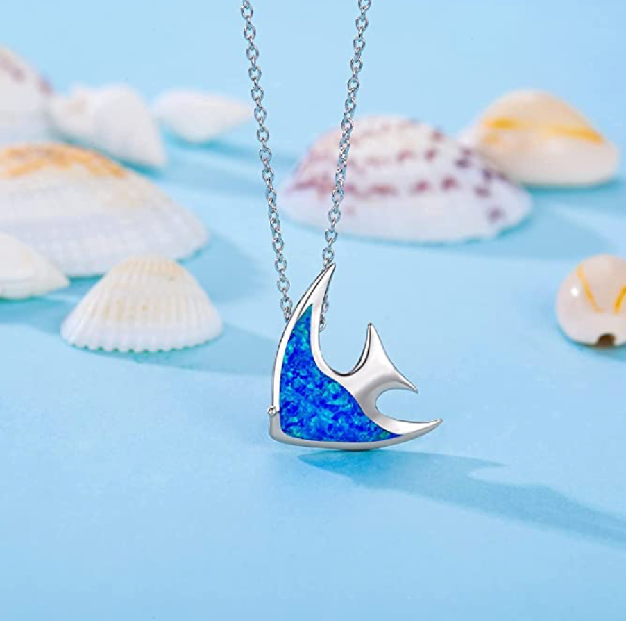 Blue Opal Tropical Fish Diamond Pendant Fish Necklace Fish Jewelry Fisherman Birthday Gift 925 Sterling Silver Chain 18in.