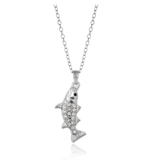 Small Fish Necklace Dainty Diamond Fish Pendant Sea Bass Tuna Trout Fish Jewelry Fisherman Birthday Gift 925 Sterling Silver Chain 18in.