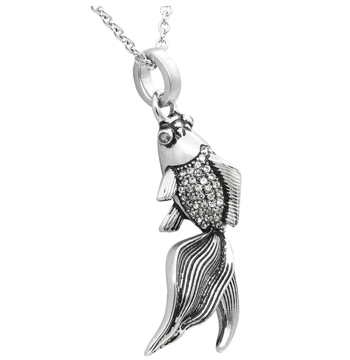 Gold Fish Necklace Diamond Fish Pendant Beat Fish Jewelry Fisherman Birthday Gift Stainless Steel Chain 20in.