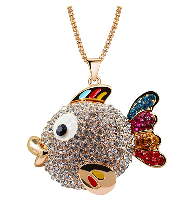 Cute Diamond Fish Necklace Colorful Fish Pendant Rainbow Puff Fish Jewelry Rose Gold Fisherman Birthday Gift Chain 20in.