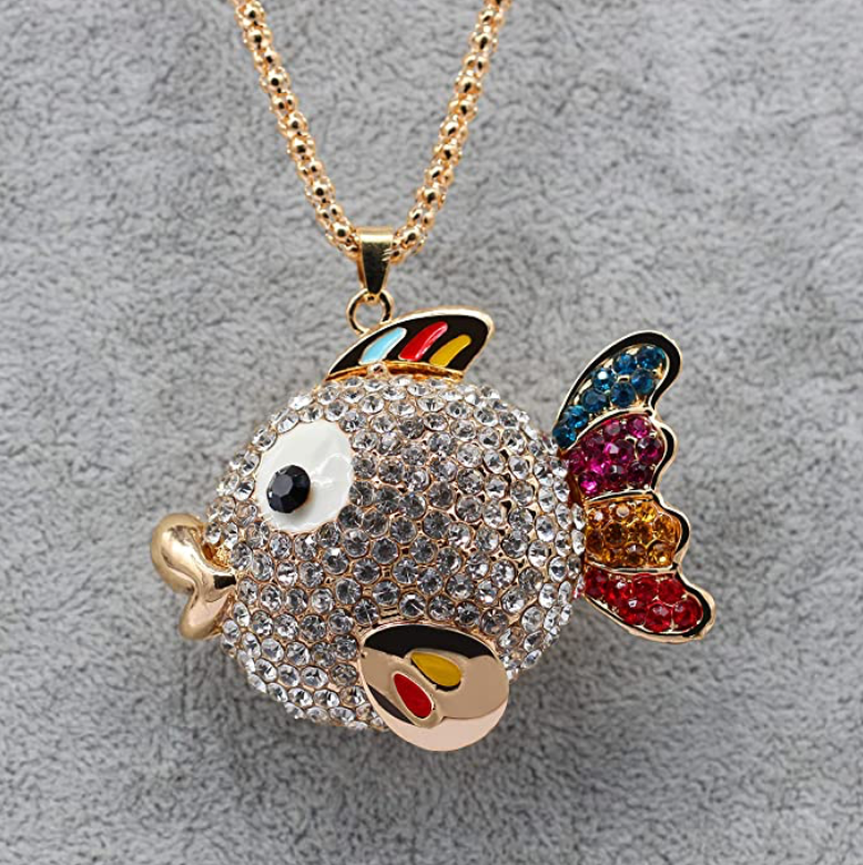 Cute Diamond Fish Necklace Colorful Fish Pendant Rainbow Puff Fish Jewelry Rose Gold Fisherman Birthday Gift Chain 20in.