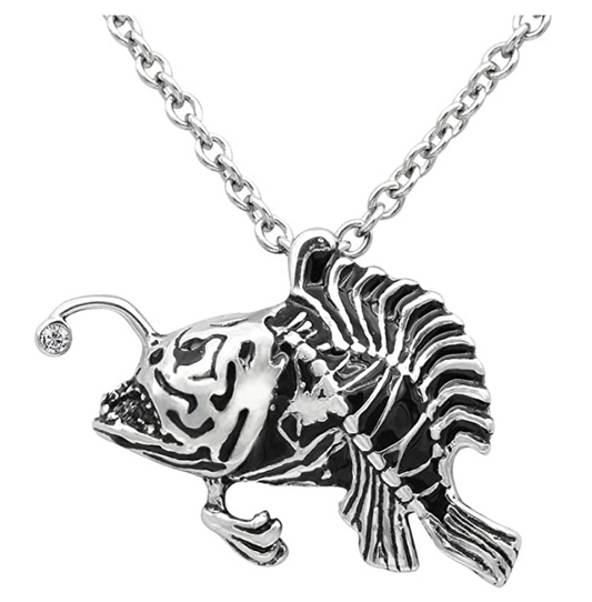 Lanternfish Necklace Scary Monster Fish With Light Chain Lantern Fish Pendant Anglerfish Jewelry Skeleton Bone Birthday Gift Fisherman Stainless Steel 20in.