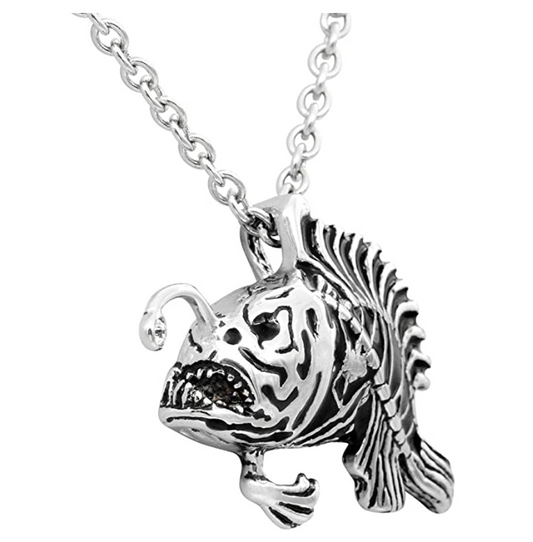 Lanternfish Necklace Scary Monster Fish With Light Chain Lantern Fish Pendant Anglerfish Jewelry Skeleton Bone Birthday Gift Fisherman Stainless Steel 20in.