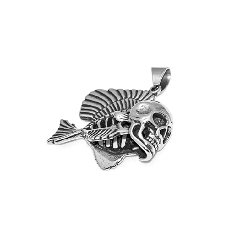 Skull Head Fish Necklace Death Fish Chain Gothic Biker Rocker Punk Jewelry Skeleton Bone Birthday Gift Fisherman Stainless Steel 24in.
